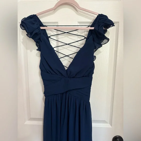 Lulus Maxi Dress Navy Blue Ruffled Lace-Up Soiree Celebration Formal Dress NWOT - Picture 5 of 10